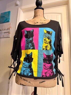 Cat Pop Art Fringe Tee - Black with Pink, Yellow & Blue Panels